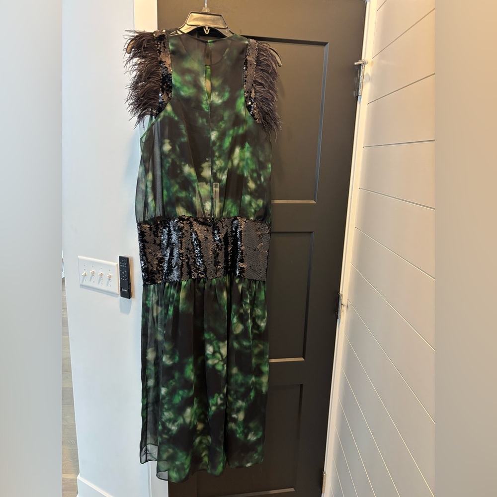 Zara Limited Combination Printed Maxi Dress Green Feather Sequin Evening Med NWT - Picture 10 of 17